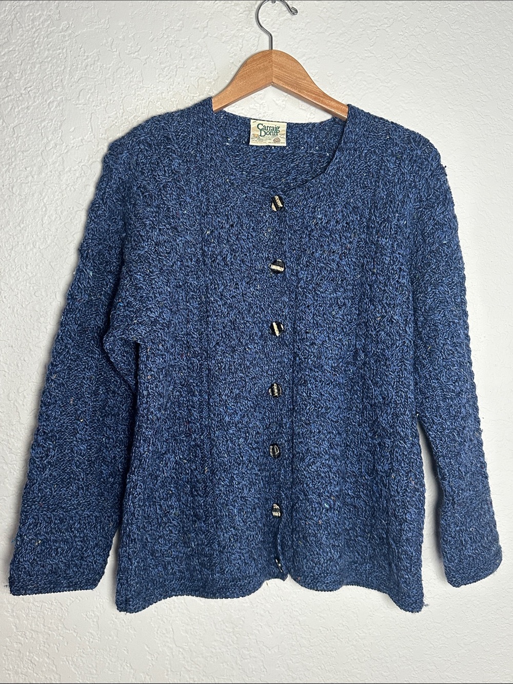 Vintage Carraig Donn Blue Wool Cardigan Sweater Ireland Cable Knit Cozy Large